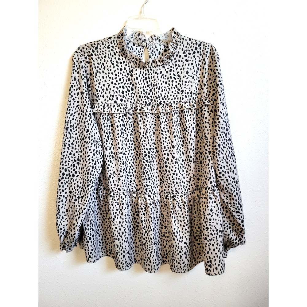 Women's Ruffle Neck Long Sleeve Tiered Blouse in Dotted Print Babydoll Size L